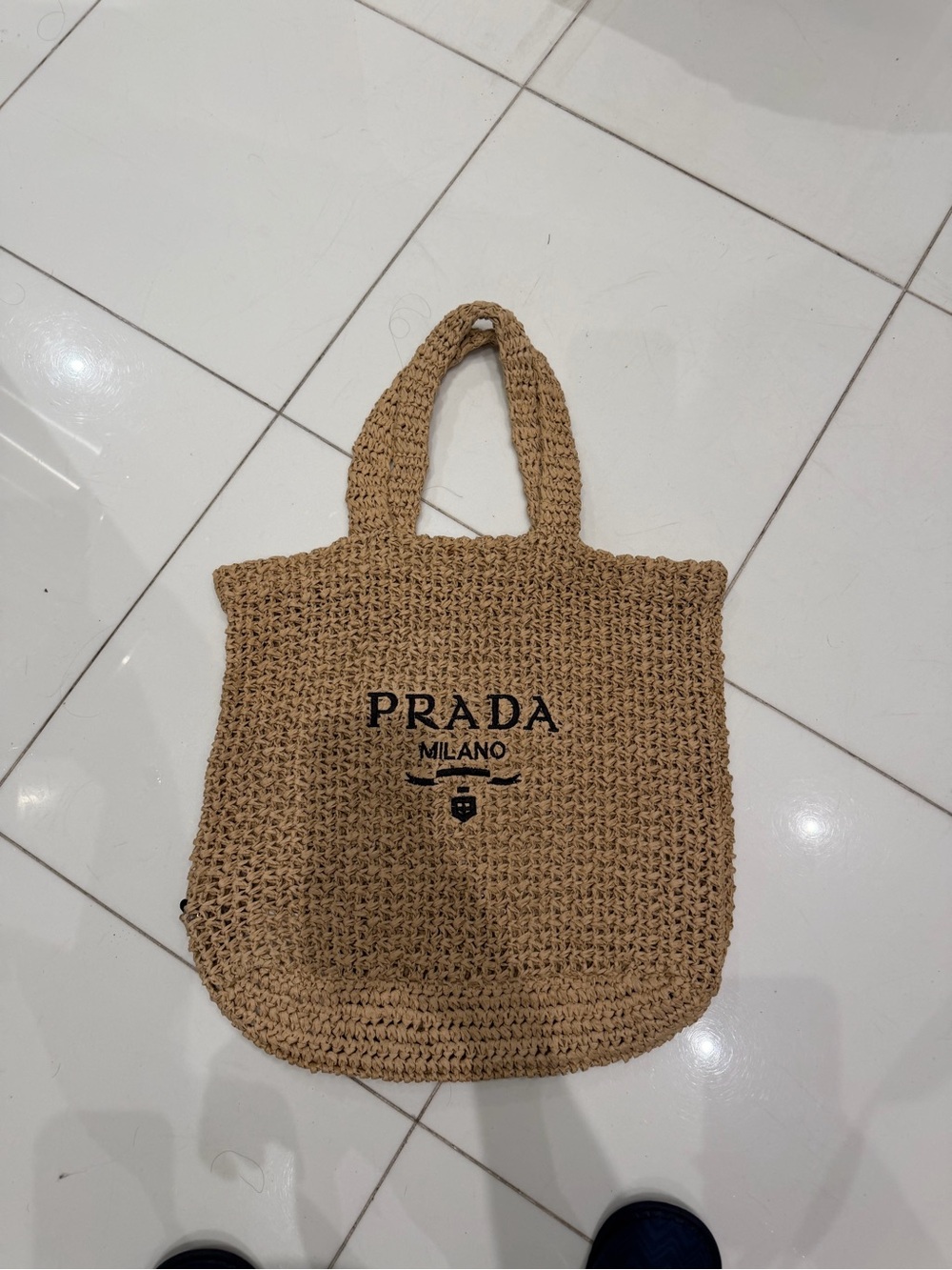 Straw Tote in Natural Beige with Black Logo